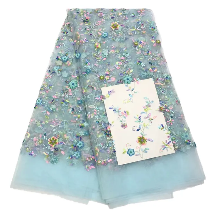 बहुरंगा क्रिस्टल सेक्विन कशीदाकारी कपड़े फ्रेंच लेस के साथ Tulle फूल डिजाइन फीता कपड़े शादी की पोशाक के लिए