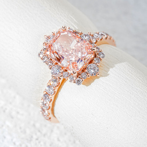 Starsgem 10K Rose Gold Pink Radiant Cut Pink Lab Diamond <b>Ring</b> With Halo Side Stones Women's Jewelry - Product Image 5