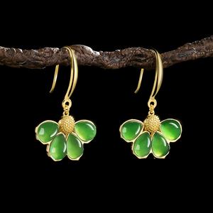 Old material spinach green natural andite jade flower-shaped earrings, S925 <b>silver</b> inlay, elegant women's jade jewelry piece - Product Image 2