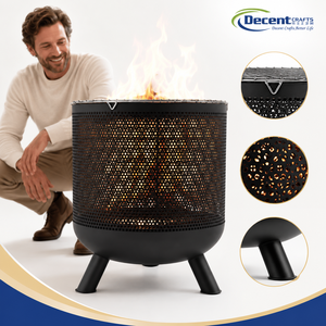 Brasero Portátil de Hierro para Exteriores, Negro Mate, Cilíndrico, con Cuerpo Perforado, Tazón Curvo Sólido y 3 Patas - Product Image 1