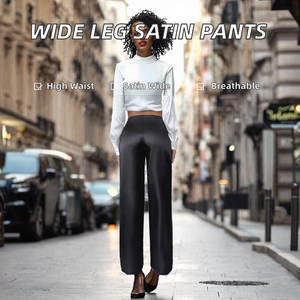 Pantalon large décontracté en satin respirant à taille haute et couleur unie pour femme - Product Image 2