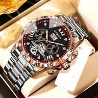Montre automatique squelette de luxe pour homme, bracelet en métal, multifonction, calendrier, aiguilles lumineuses, montre-bracelet sport et affaires