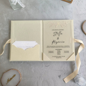 Cream Velvet <b>Wedding</b> Book Invite Emboss Floral Acrylic Custom Name <b>Ribbon</b> Luxury <b>Wedding</b> - Product Image 4