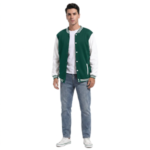 2025 Green and <b>White</b> Sleeves <b>Men</b> Winter Varsity Baseball <b>Jacket</b> Custom Stand Collar High Quality Front Logo Breathable - Product Image 1