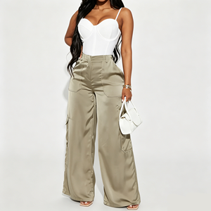 <strong>Plus</strong> <strong>Size</strong> Satin Cargo Wide Leg <strong>Pants</strong> Women High Waist Glossy <strong>Parachute</strong> Trousers Loose Casual Wholesale Custom Private Label - Product Image 4