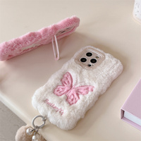 Casing HP iPhone 16 14 13 15 16 Pro Max, Penyangga Plush 3D Bentuk Kupu-kupu Lucu dengan Gelang, Penutup Belakang Lembut