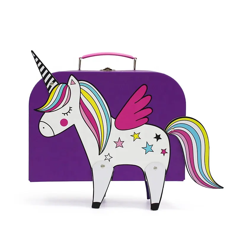 Valise en papier à motifs licorne violette, jouet pour enfant, boîte cadeau en carton, 50 pièces