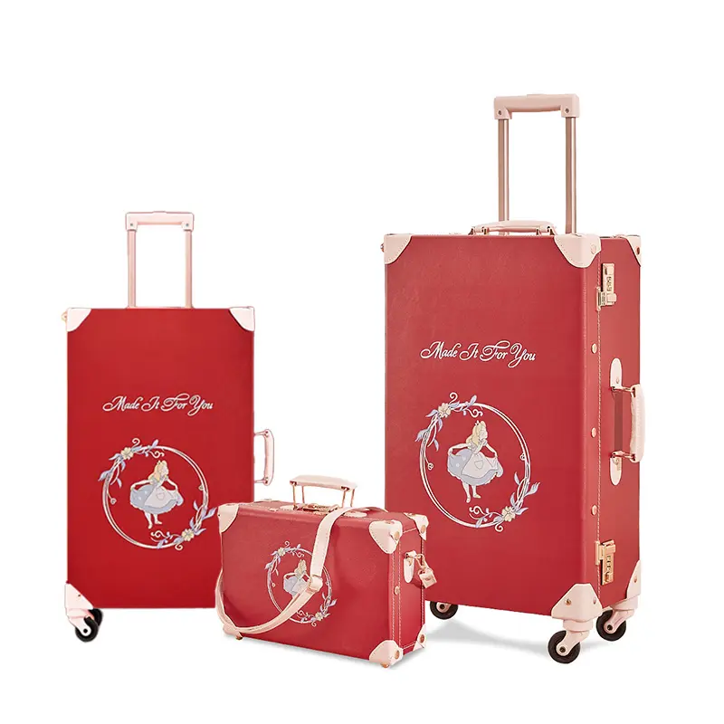 Juego de equipaje de cuero PU rojo con pintalabios francés vintage de 3 piezas de equipaje de 26 20 pulgadas y estuche de mano de 13 pulgadas con correa para el hombro