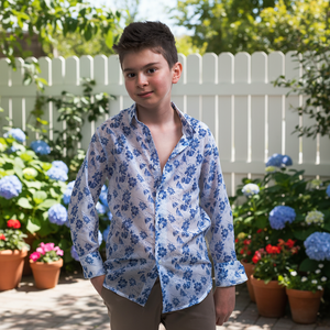 เสื้อเชิ้ตเด็กผ้าฝ้าย100% ลายดอกไม้สีฟ้า - Product Image 3
