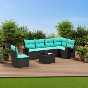 Ensemble de canapés de patio en polyrotin noir, 7 pièces, avec coussins, meubles d'extérieur, design contemporain, places assises pour 7 personnes - Product Image 2