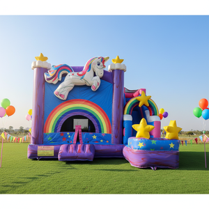 Castello Gonfiabile a Tema Unicorno Arcobaleno con Scivolo e Cielo Stellato, Combo per Feste di Compleanno per Bambini - Product Image 1
