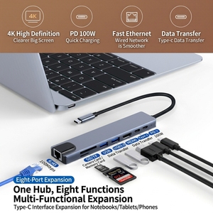Estación de acoplamiento multipuerto de concentrador tipo <span class=keywords><strong>C</strong></span> 8 en 1 de alta calidad con 4K <span class=keywords><strong>HDMI</strong></span> USB3.0 <span class=keywords><strong>RJ45</strong></span> SDTF adaptador de carga PD de 2 puertos <span class=keywords><strong>USB</strong></span> <span class=keywords><strong>C</strong></span> - Product Image 4