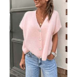 Fuzzy Short Sleeve Button <b>Cardigan</b> <b>Light</b> Yellow Women's <b>Cardigan</b> - Product Image 3