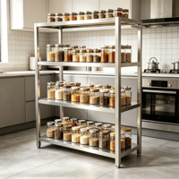 Étagère de rangement carrée en acier inoxydable épaissi 201/304, type creux, 4 niveaux, étagères plates, pieds réglables en hauteur, 300 cm, usage commercial