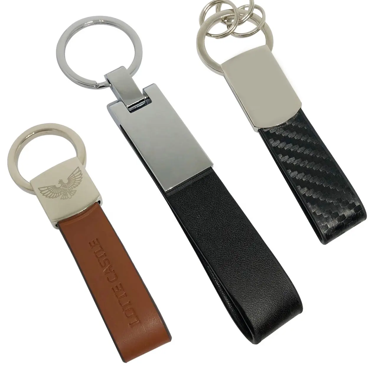 Luxury custom made car brand blank PU leather key chain with multiple key rings emboss laser Logo for Man