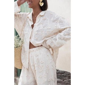 Women's Long Sleeve Shirt Long <b>Pants</b> Pan Flower Silk Jacquard Loose Casual 2 Piece Set Fashion - Product Image 2