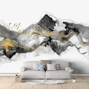 自定义 3D 壁纸墙壁壁画抽象飞鸟金色墨水山水画客厅卧室电视背景家居装饰