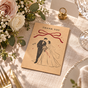 Biglietti di ringraziamento personalizzati in carta kraft per matrimonio, disegno a righe sposa e sposo con motivo fiocco rosso, biglietti di ringraziamento per souvenir di matrimonio - Product Image 6