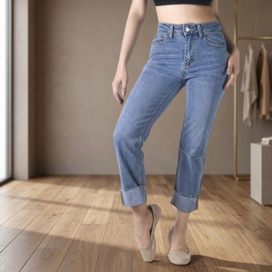 Jean large pour femme 100% Coton respirant, coupe classique, en denim déchiré personnalisé, taille haute, style vintage, avec trous, rivets et broderie unie - Product Image 3