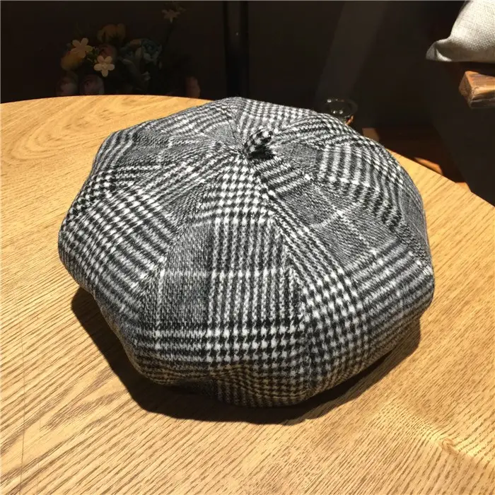 Moda Vintage Pied De Poule Plaid Beret Caps Donne Cappelli Lavorati A Maglia di Modo della Molla Tappo strillone Delle Signore Ottagonale Cappello Francese Khaki