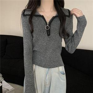 Maglione da donna con collo a revers e mezza zip, nuovo modello autunno/inverno, stile dolce e piccante, slim fit, a maniche lunghe, in maglia - Product Image 2