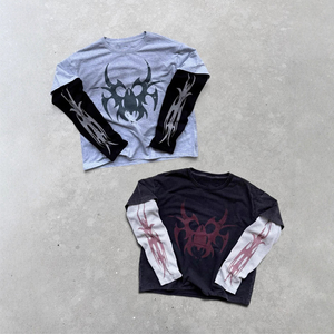 Camiseta Y2K Vintage con Estampado <span class=keywords><strong>Tribal</strong></span>, Negra Lavada, Gótica, de Manga Larga, Oversize, 100% Algodón, Estilo Retro Cyber Grunge Streetwear - Product Image 2