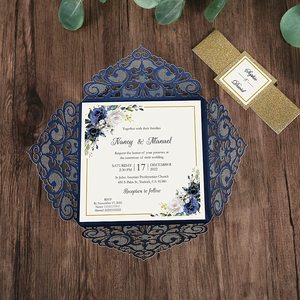 Carte d'invitation de mariage découpée au Laser en papier <span class=keywords><strong>bleu</strong></span> <span class=keywords><strong>marine</strong></span> à paillettes carrées avec décoration de mariage personnalisée, fournitures de fête - Product Image 6
