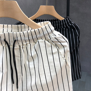 Striped <b>Men's</b> <b>Shorts</b> <b>White</b> Black Canvas Breathable Elastic Waist Summer Casual Mid Length Vintage - Product Image 4