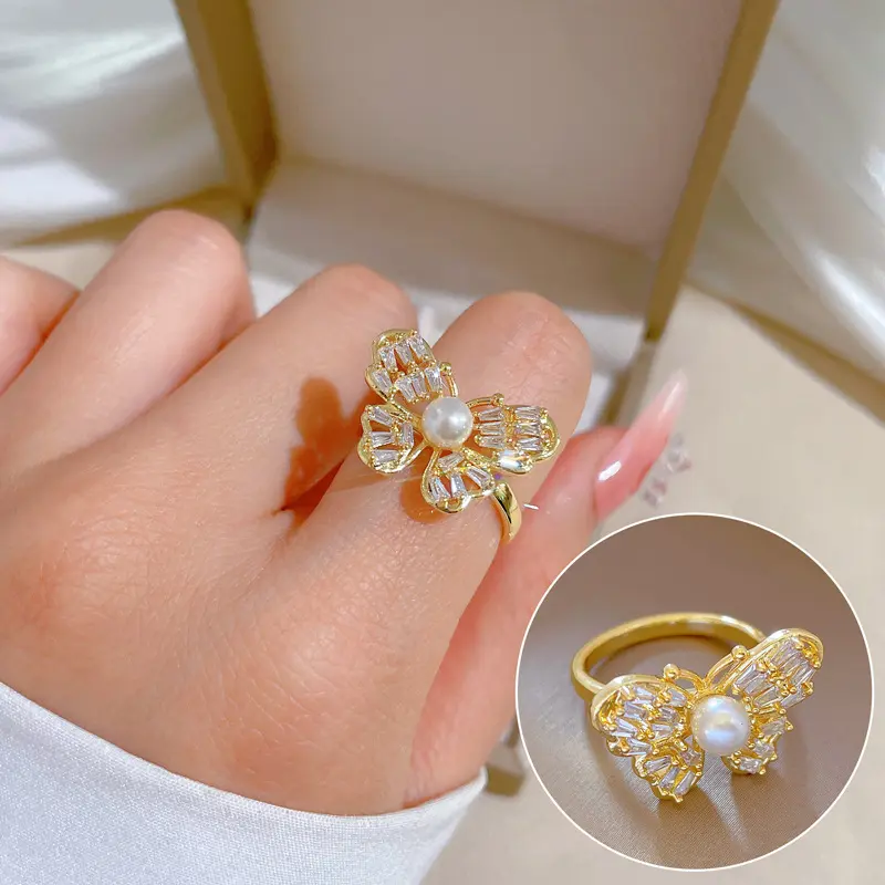 Cincin Mutiara Berlian Mewah untuk Wanita, Cincin Mewah Zirkon Super Berkilau Kupu-kupu Dapat Disesuaikan Desain Sederhana Cincin Pernikahan Emas