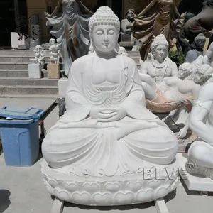 Blve Chinese Religieuze Tuin Witte Stenen Snijwerk Levensgrote Sakyamuni Meditatie Boeddha Beelden Marmeren Sculptuur Buiten