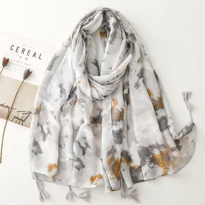 Hot sale new elegant gray ink painting cotton scarves shawls women long large soft 180*90cm cotton head wrap scarf Muslim hijabs