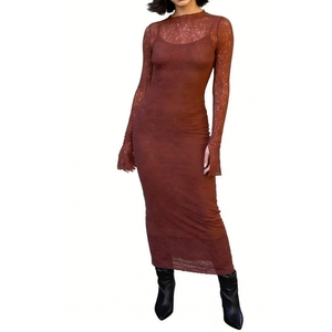 ชุดเดรสลูกไม้ซ้อนทับ 2 ชิ้นสำหรับผู้หญิง ชุดเดรสเนื้อผ้ามีเท็กซ์เจอร์พร้อมเสื้อแขนยาวผ้าซีทรู แฟชั่น - Product Image 1