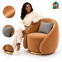 Canapé d'appoint pivotant moderne en velours avec base en métal doré, coussin pied-de-poule, style baril rond pour salon