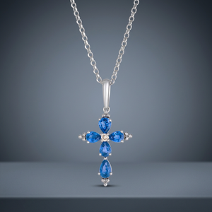Cross Pendant <b>Necklace</b> With Blue Sapphire And Diamond In 925 Silver Rhodium Plated Box Chain Unisex Religious Jewelry - Product Image 3