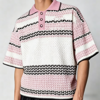 Kaos Polo Rajut Bergaris Pink Pria Kasual Lengan Pendek Berkerah Tekstur Rajut Atasan Y2K Vintage Oversized Kaos Polo Rajut