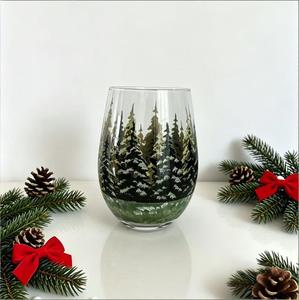 Verre à vin sans pied ou à pied, peint à la main, motif Forêt enneigée de Noël, sans plomb, épaissi, pour les fêtes, verre à eau ou à vin - Product Image 4