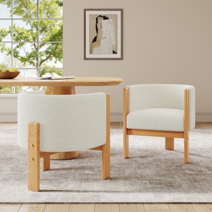 Upholstered Dining Chairs <b>Set</b> of 2, Natural Rubber Wood Frame and <b>White</b> Boucle Fabric - Product Image 1
