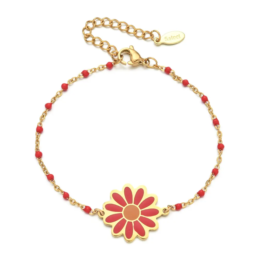 Pulsera clásica de acero inoxidable con patrón de margaritas pequeñas para mujer, pulsera de cuentas de arroz a la moda