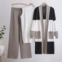 Ensemble trois pièces en laine pour femmes européennes et américaines : pull cardigan mi-long tricoté, pantalon large