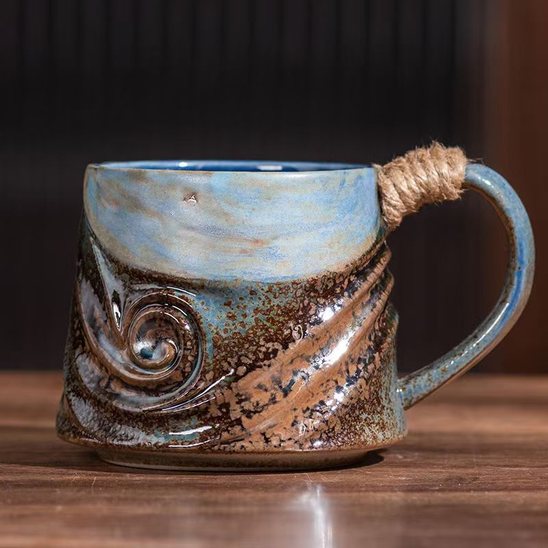 Tasse à café bleu motif vagues avec cordon de serrage - 320 ml