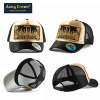 Casquette de camionneur unisexe en cuir de haute qualité Aung Crown à 5 panneaux, broderie 3D personnalisée, patch tissé, visière incurvée, casquettes de camionneur en maille