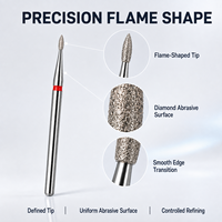 Fraise à ongles diamantée certifiée CE, forme flamme, grain fin argenté, tige de 2,35 mm pour affinage de la surface des ongles naturels (OEM/ODM)