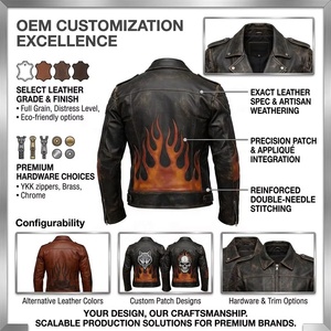 <span class=keywords><strong>Chaqueta</strong></span> de Motociclista Personalizada de Cuero Genuino con Diseño Vintage de Llamas y Apliques de Cuero para Hombre, Fabricante de Prendas de Abrigo para Motociclistas - Product Image 2