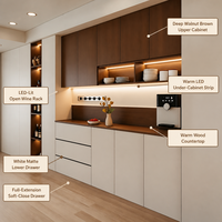 Buffet de salle à manger sur mesure pour toute la maison avec armoires supérieures en noyer et étagère à vin à LED chaude |   Stockage intégré |   OEM