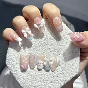 Ongles Press-On Faits Main « Sweetheart Angel Girl » – Adorables Patchs d'Art Ongulaire Rose et Bleu, Nœuds Romantiques Princesse, Faux Ongles Peints à la Main « Love » - Product Image 4