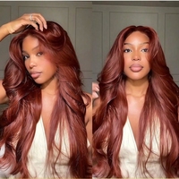 Perruques Lace Front en Cheveux Humains Naturels, Sans Colle, Brun Rougeâtre, Cheveux Bruts Brésiliens, Ondulés, Pré-Pluckées, Perruques Frontales HD Lace pour Femmes