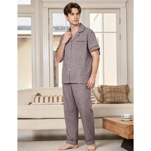<b>Mens</b> Plaid Pajamas Set Cotton Gingham Short Sleeve Button Down Sleepwear Soft <b>Pj</b> Pants 2 Piece Loungewear with Pockets - Product Image 6