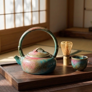 Tetera artesanal de gres con esmalte flambé artístico de horno Jun, asa estilo bambú, y efecto de cambio de color, para té <span class=keywords><strong>Kung</strong></span> <span class=keywords><strong>Fu</strong></span> - Product Image 1
