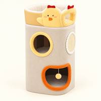 Lit pour chat avec panneau à gratter en sisal, design mignon de dessin animé, beige, multi-niveaux, avec lit supérieur amovible