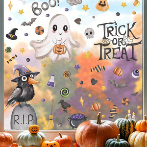 Autocollants de fenêtre en PVC de dessin animé pour Halloween, fantômes effrayants, corbeaux, citrouilles, fournitures de fête d'Halloween, décorations de fenêtre - Vente en gros usine - Product Image 1